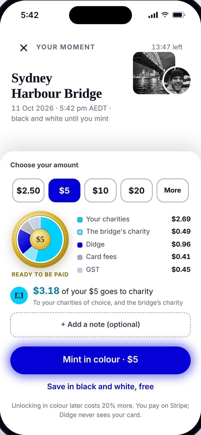 The Didge app mint screen, choosing an amount