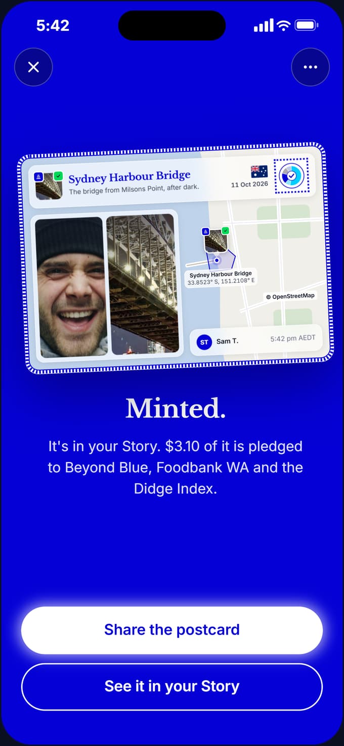 The Didge app showing a minted moment: a postcard of Sydney Harbour Bridge with the view and a selfie, the place, the date, a stamp, and the line that the money is pledged to charity